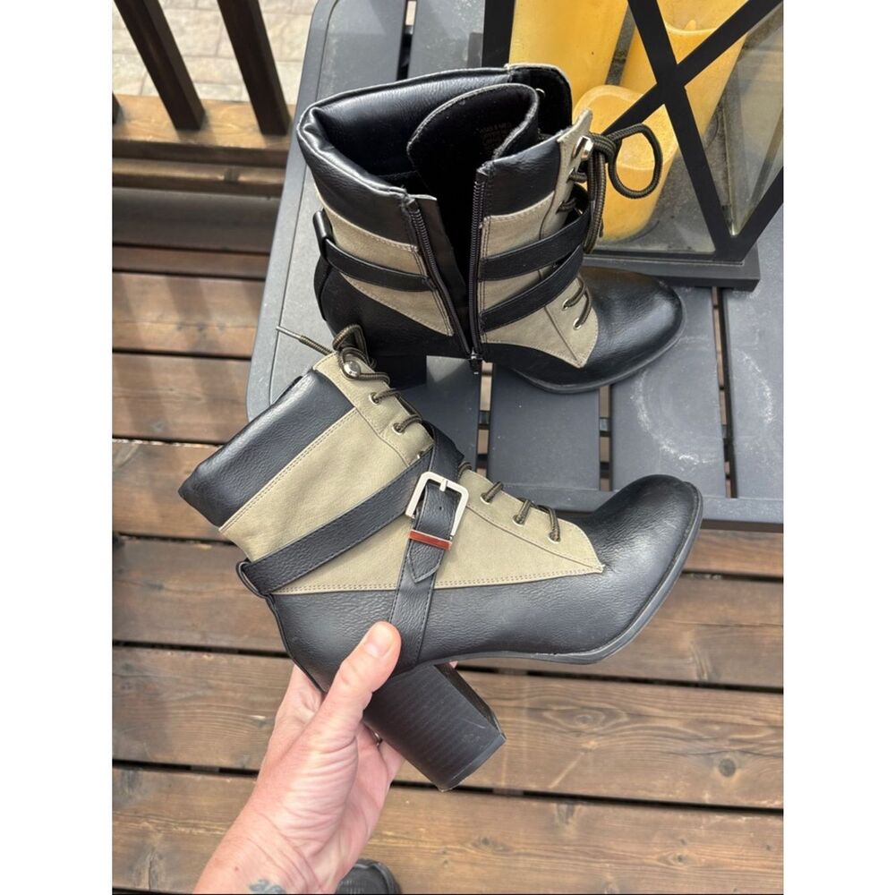 Women’s Lace-Up Ankle Boots with Buckle Strap - Black & Tan - Picture 2 of 11